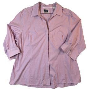 Riders By Lee Shirt Womens 1XL Pink Check 3/4 Sleeve Button Front Stretch